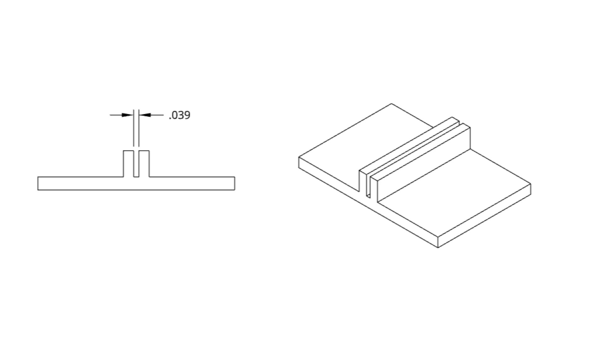 Cross-section showing 0.039 inch minimum gap between two fins, and isometric view of dual-fin feature on base