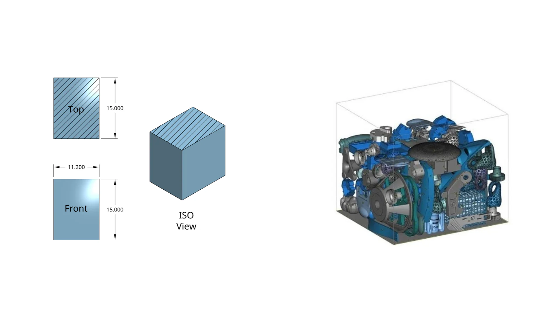 HP MJF build volume diagram showing 15x11.2x15 inch envelope with full engine assembly nested inside