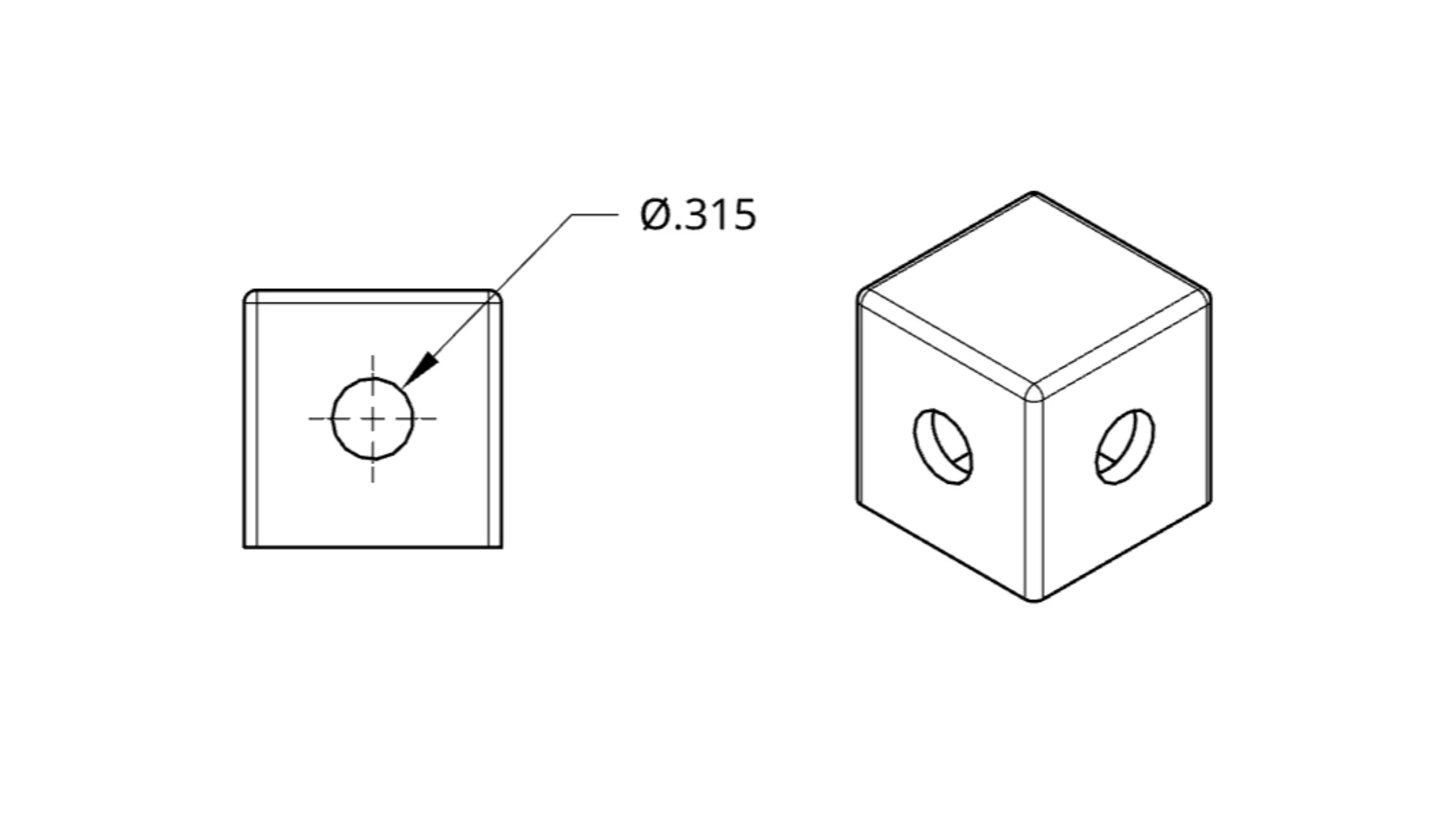 Cross-section front view of 0.315 inch diameter hole, and isometric block with oval horizontal holes showing distortion