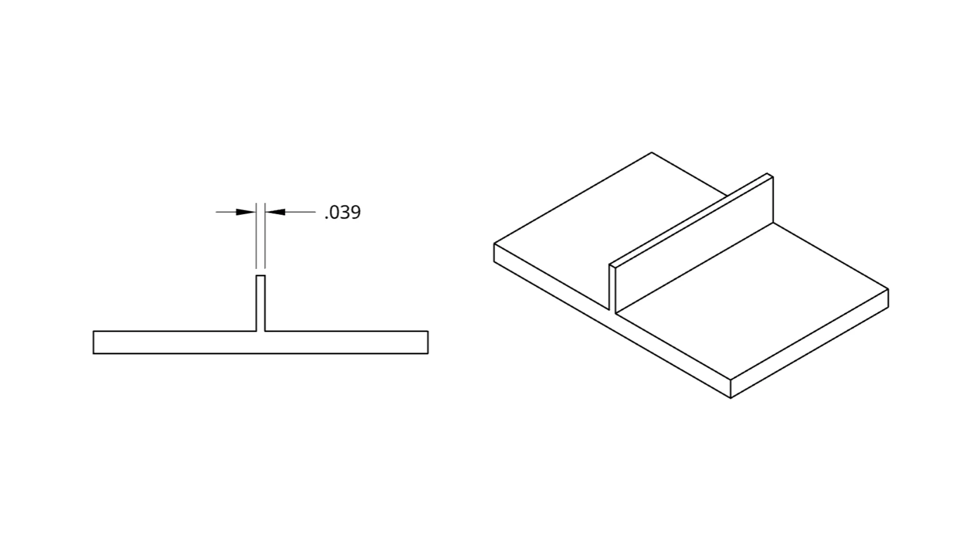 Engineering diagram showing 0.039 inch minimum wall thickness in cross-section view and isometric view