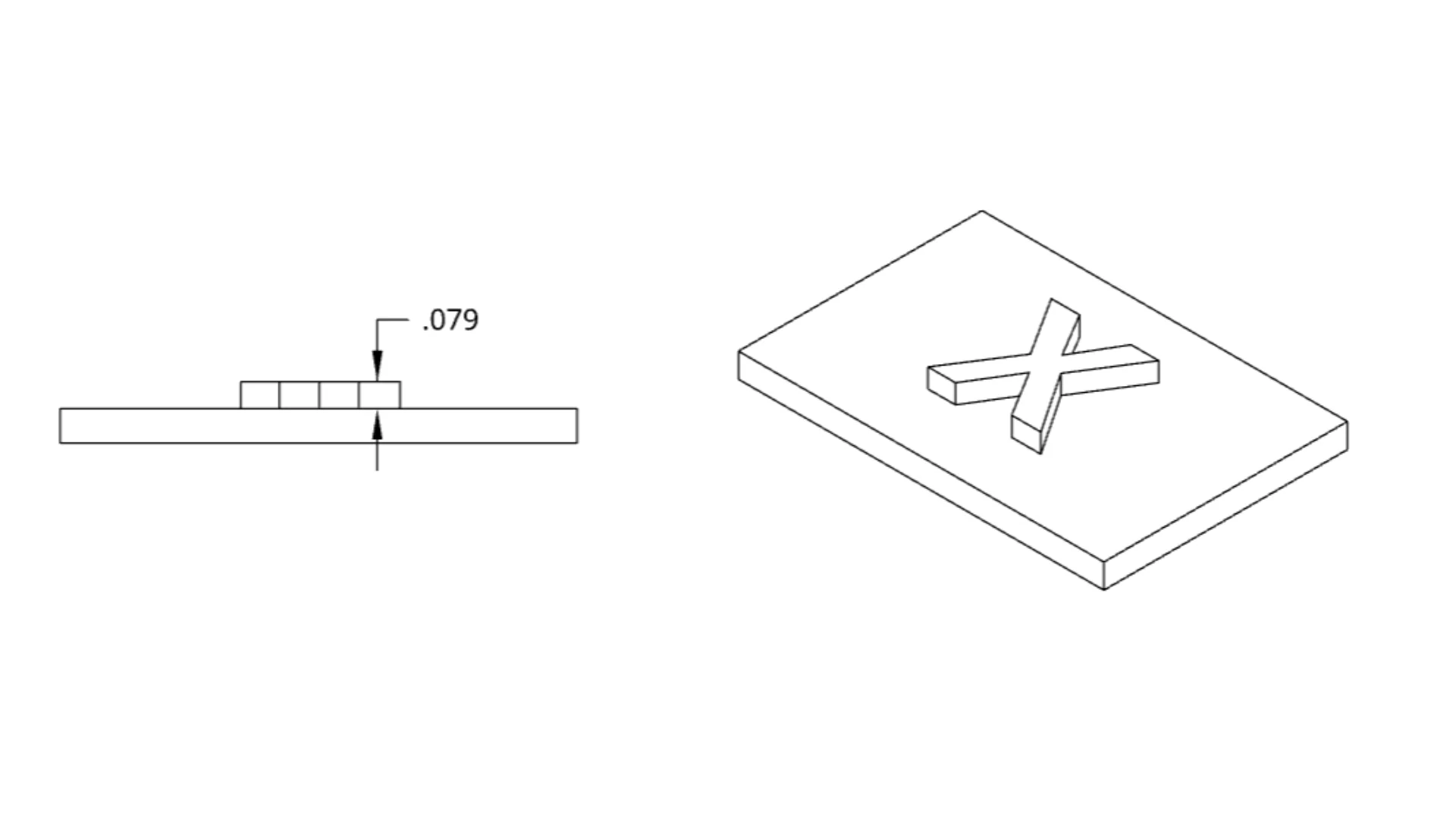 Cross-section showing 0.079 inch text relief height and isometric flat plate with X logo embossed 0.079 inches high