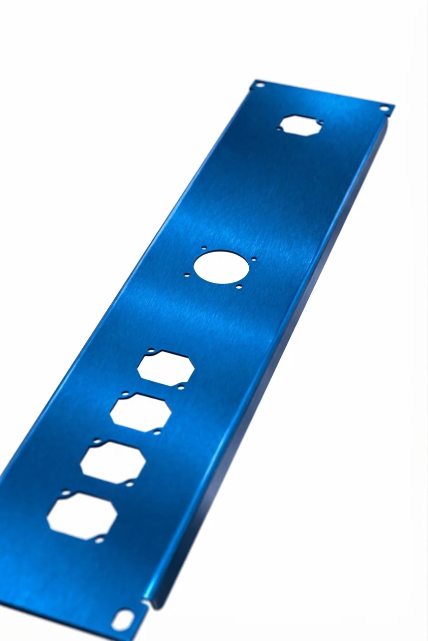 Blue anodized aluminum connector panel with round and rectangular openings