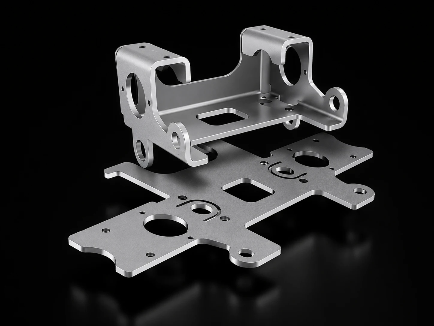 Flat laser-cut blank and the same sheet metal part after forming