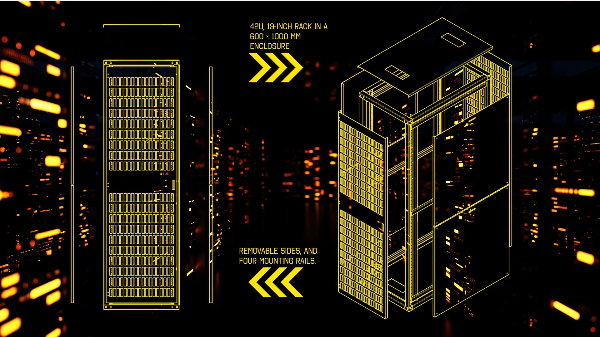 Yellow front and exploded drawings of a 42U sheet-metal rack over a data center background, showing removable sides and four mounting rails