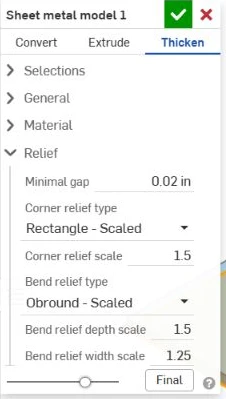 Onshape Relief controls showing Obround – Scaled, depth scale 1.5 and width scale 1.25