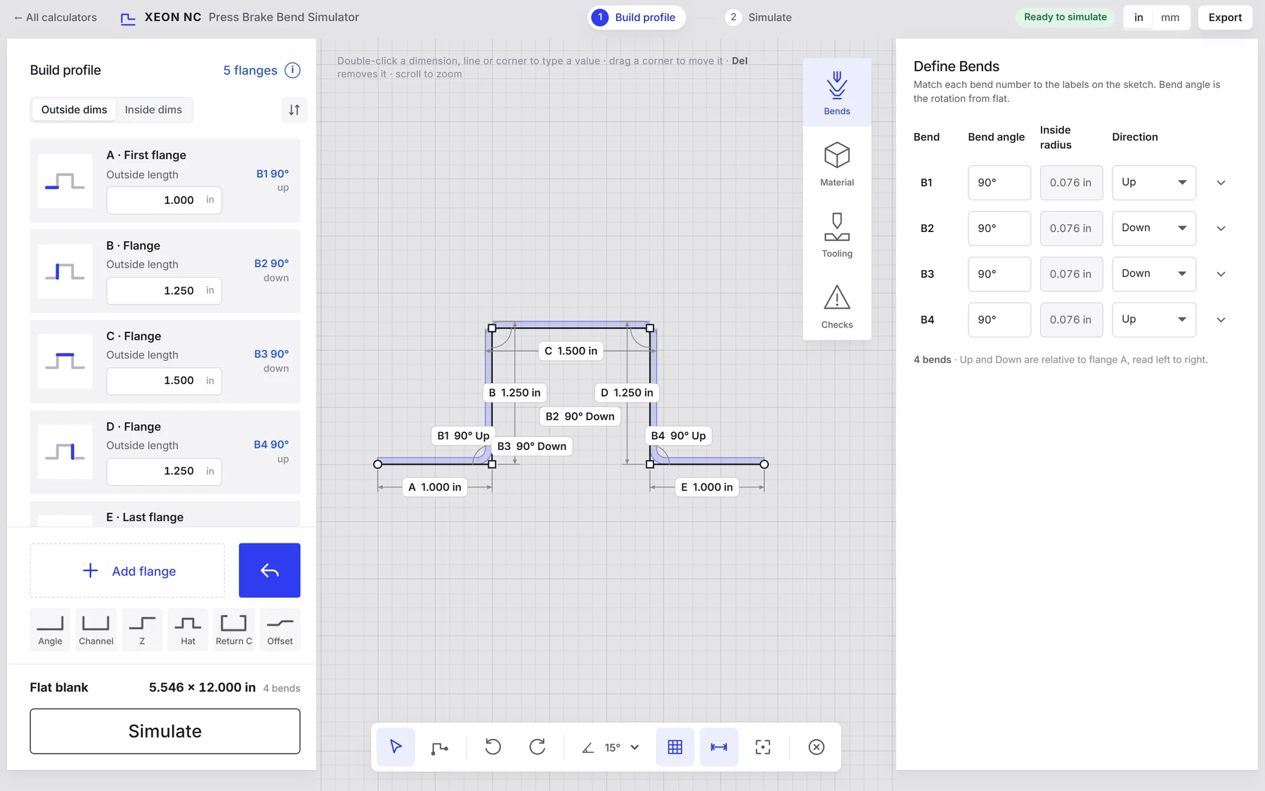 Build profile step of the bend simulator with a hat channel: flange list on the left, dimensioned sketch in the middle, and the Define Bends table on the right