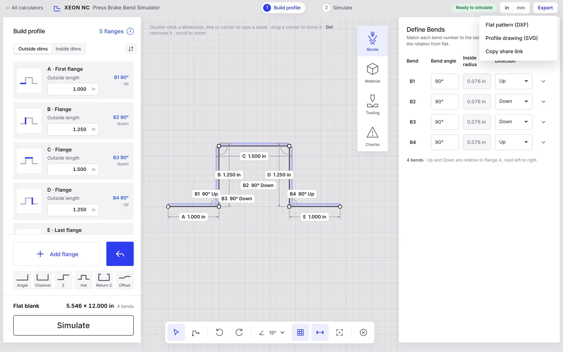 Export menu of the bend simulator with Flat pattern (DXF), Profile drawing (SVG) and Copy share link