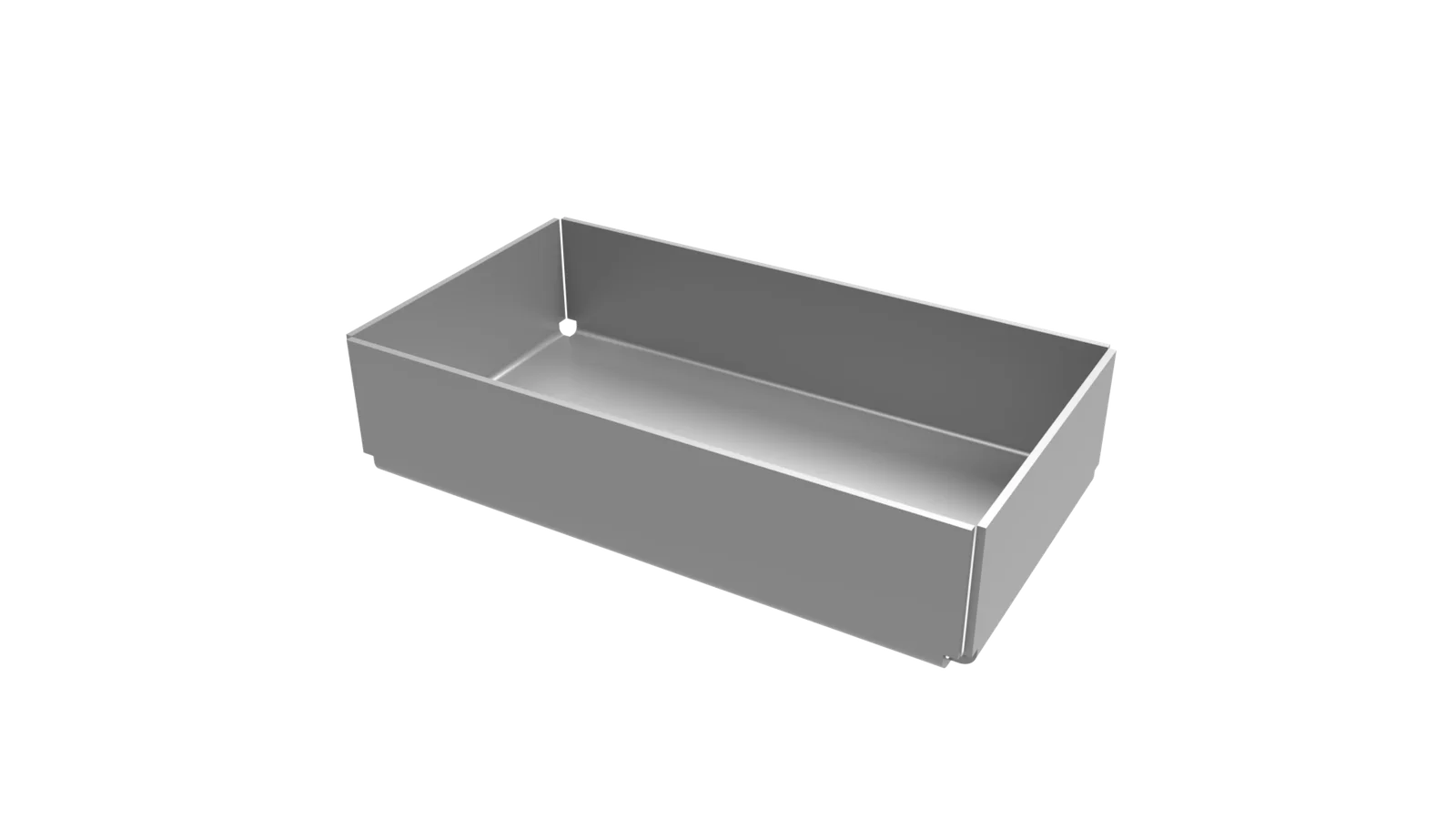 Rendered 11 by 6 by 2.5 inch 5052 aluminum sheet metal box with square sized corner reliefs, viewed from above at an angle