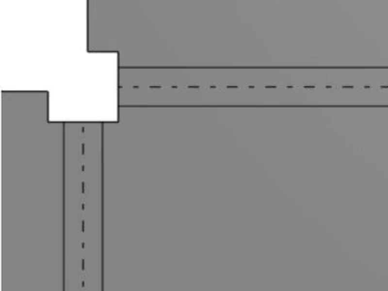 Flat pattern of the same corner showing a square cutout at the intersection of two dashed bend lines