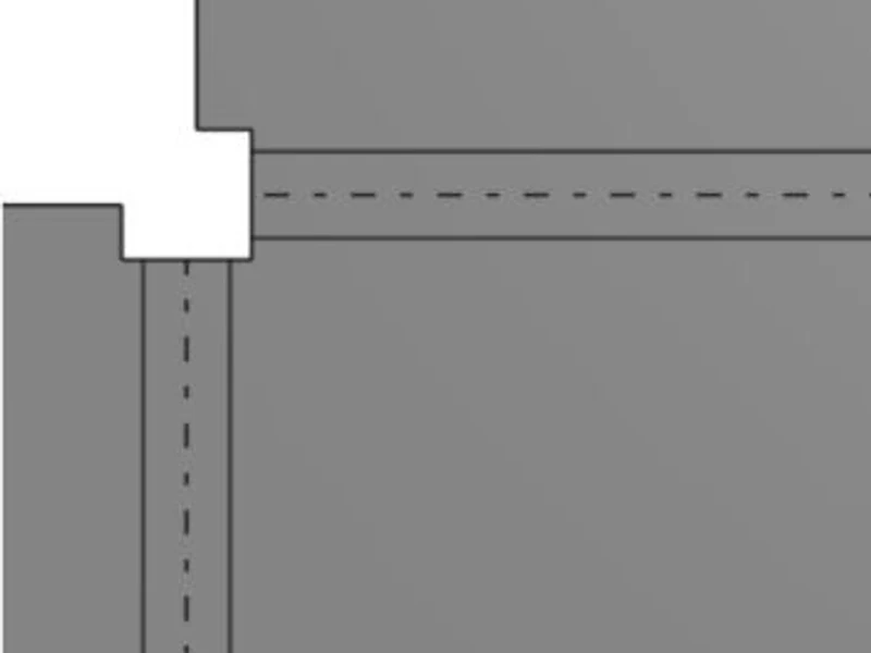 Flat pattern showing a rectangular cutout at the bend intersection, slightly larger than the sized square