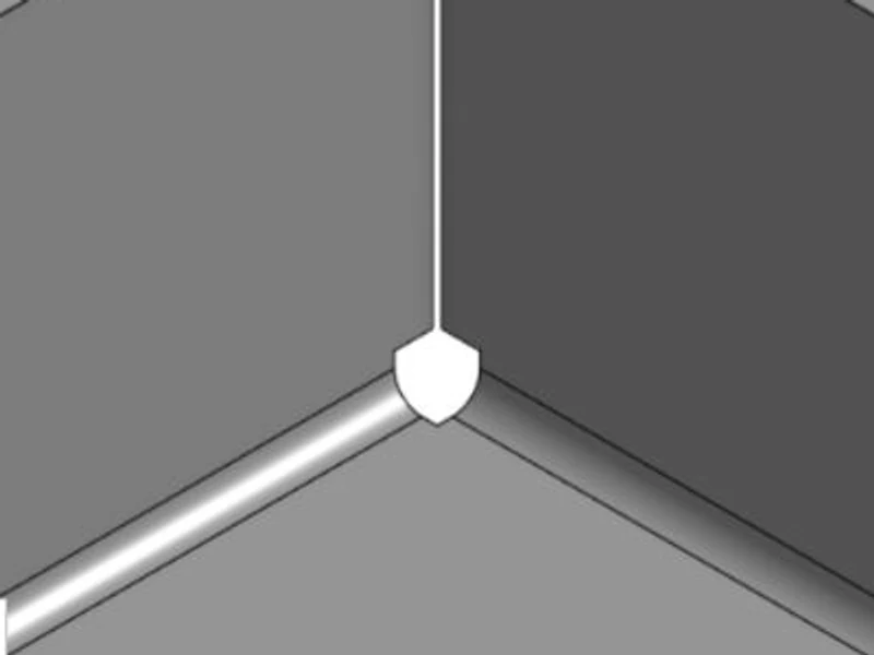 Formed box corner with a rectangle scaled corner relief, an opening similar in size to the square sized example