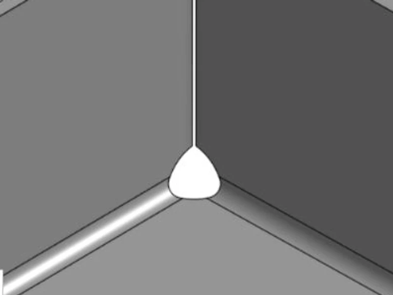 Formed box corner with a round scaled corner relief, a rounded opening slightly larger than the round sized example