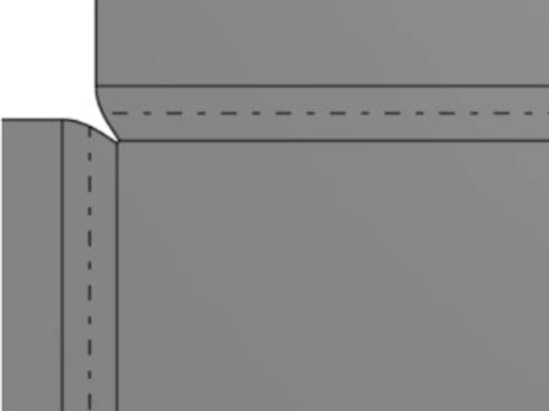 Flat pattern of the closed corner: no cutout, only a narrow curved rip between the two flanges at the bend intersection