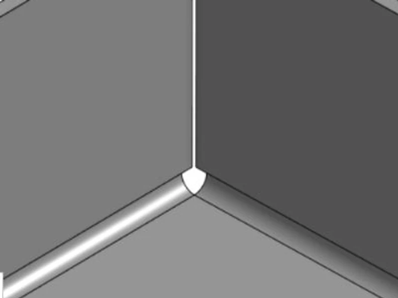 Formed box corner with a simple corner relief: a small opening remains where the two walls meet the floor