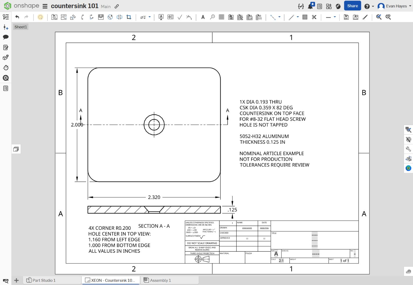 Onshape instructional drawing of the countersunk plate with overall dimensions and explicit countersink notes