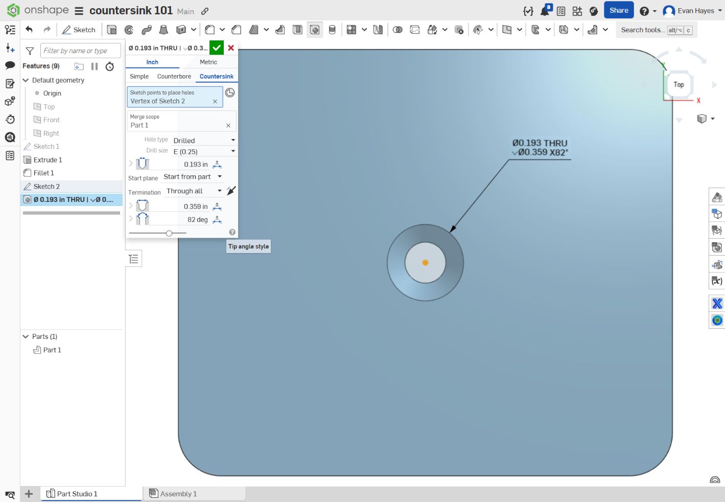 Onshape Hole feature showing 0.193 inch bore, Through all, 0.359 inch countersink and 82 degree included angle