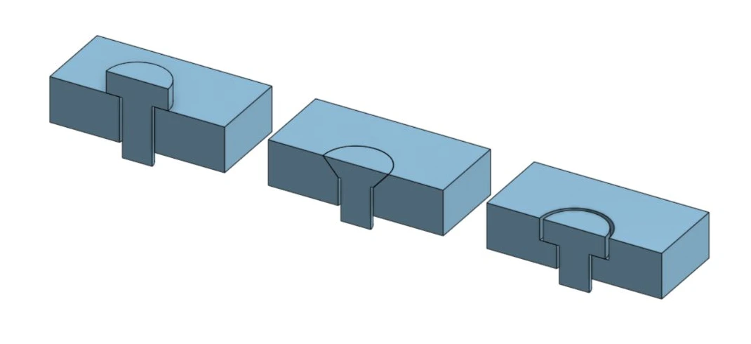 Onshape cutaways comparing a projecting cylindrical head, a flush tapered head, and a recessed cylindrical head