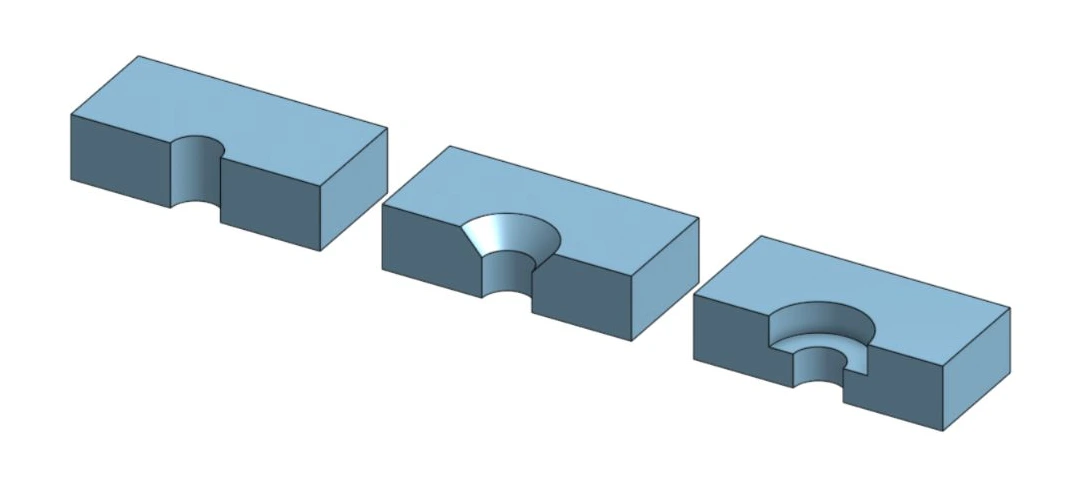 Onshape cutaways: straight clearance hole, tapered countersink, and flat-shouldered counterbore