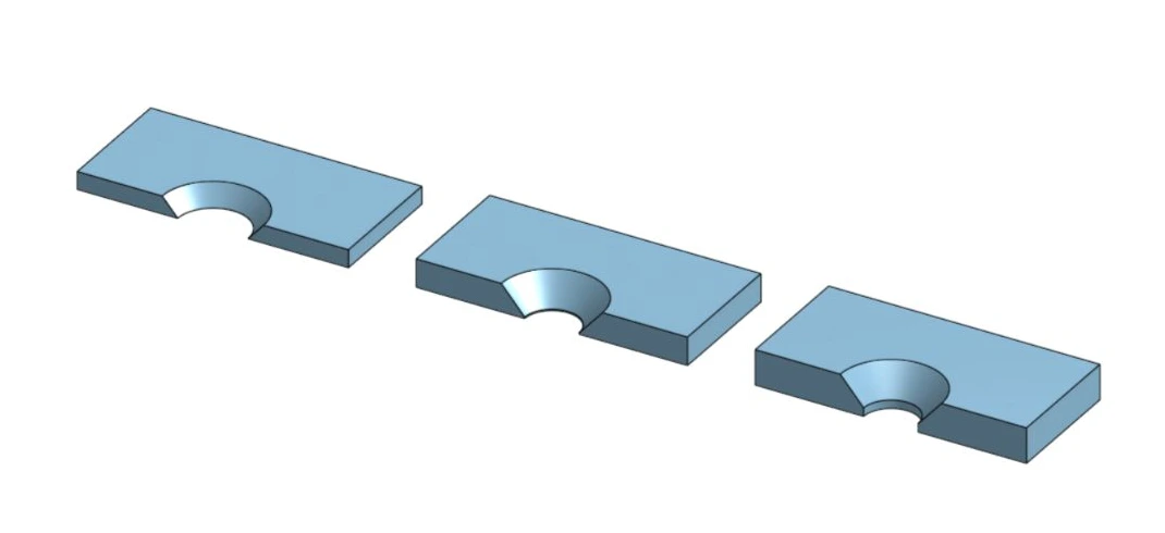 Three Onshape countersink cutaways in 0.063, 0.100, and 0.125 inch stock