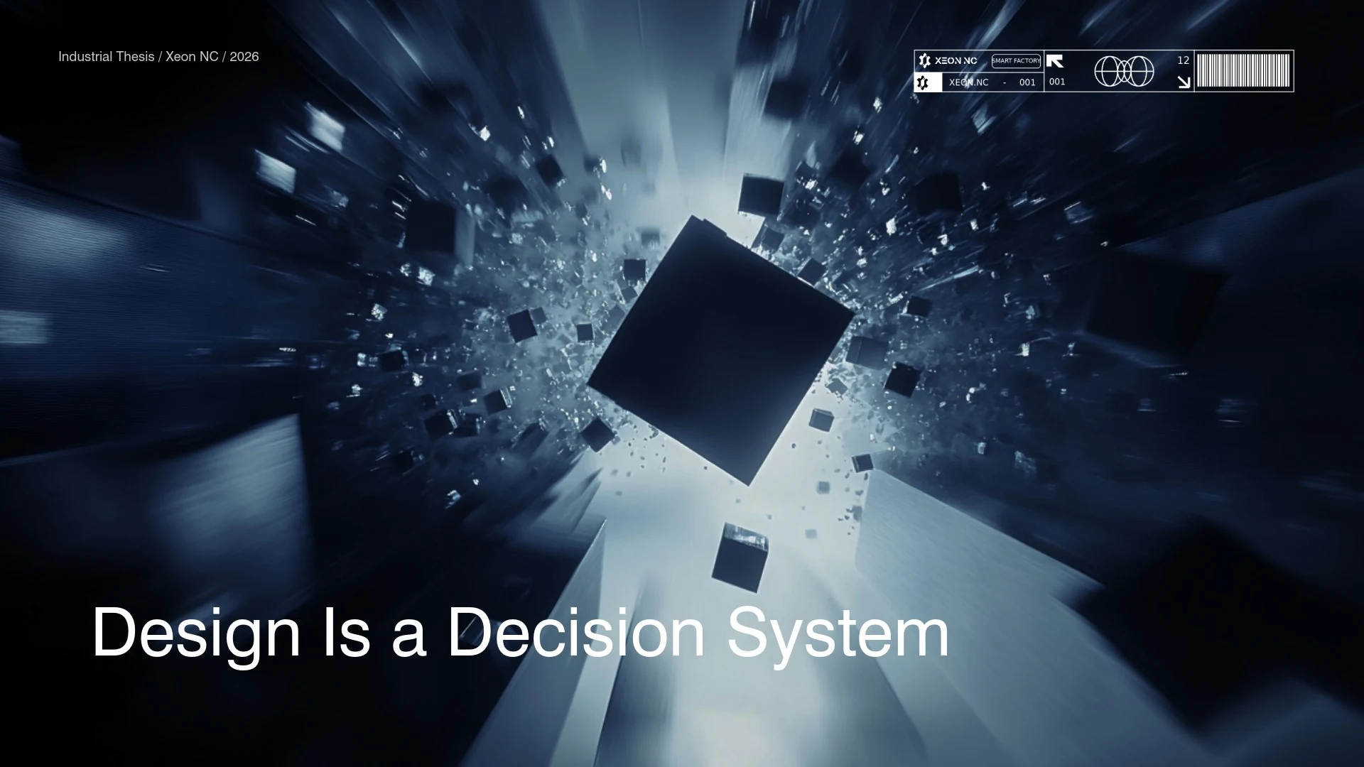Design Is a Decision System: dark cubes moving through a blue-lit field of manufacturing possibilities