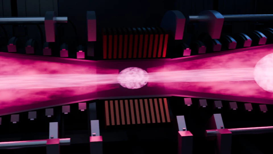 Illustrated cutaway showing a bright pink central plasma region between magnetic coils