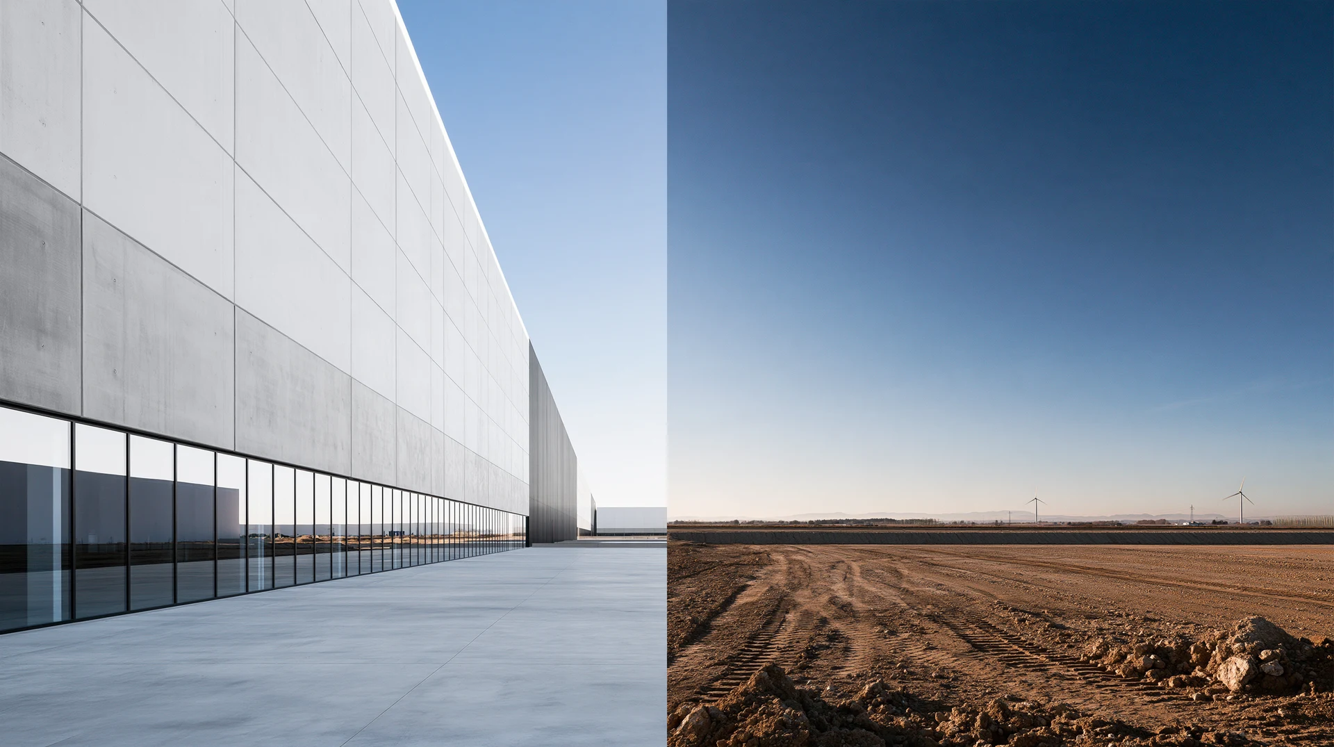 A modern industrial building alongside open land with tire tracks and distant wind turbines