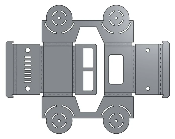 Native Onshape flat pattern of the one-part Jeep, including wheel profiles, grille, windshield, and bend lines