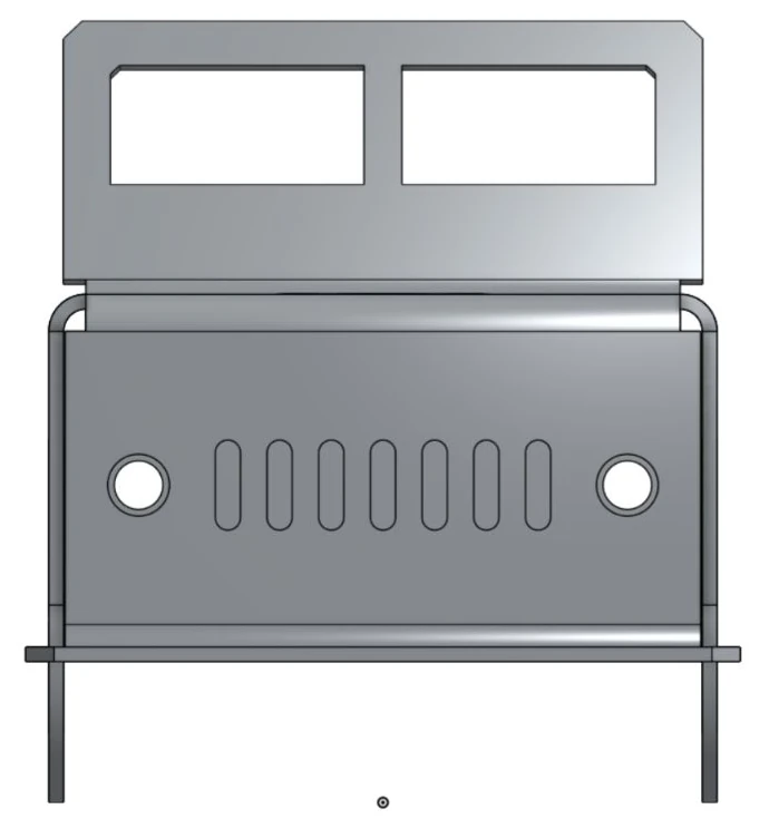 Front elevation of the aluminum Jeep showing the grille openings and the solid lower windshield rail