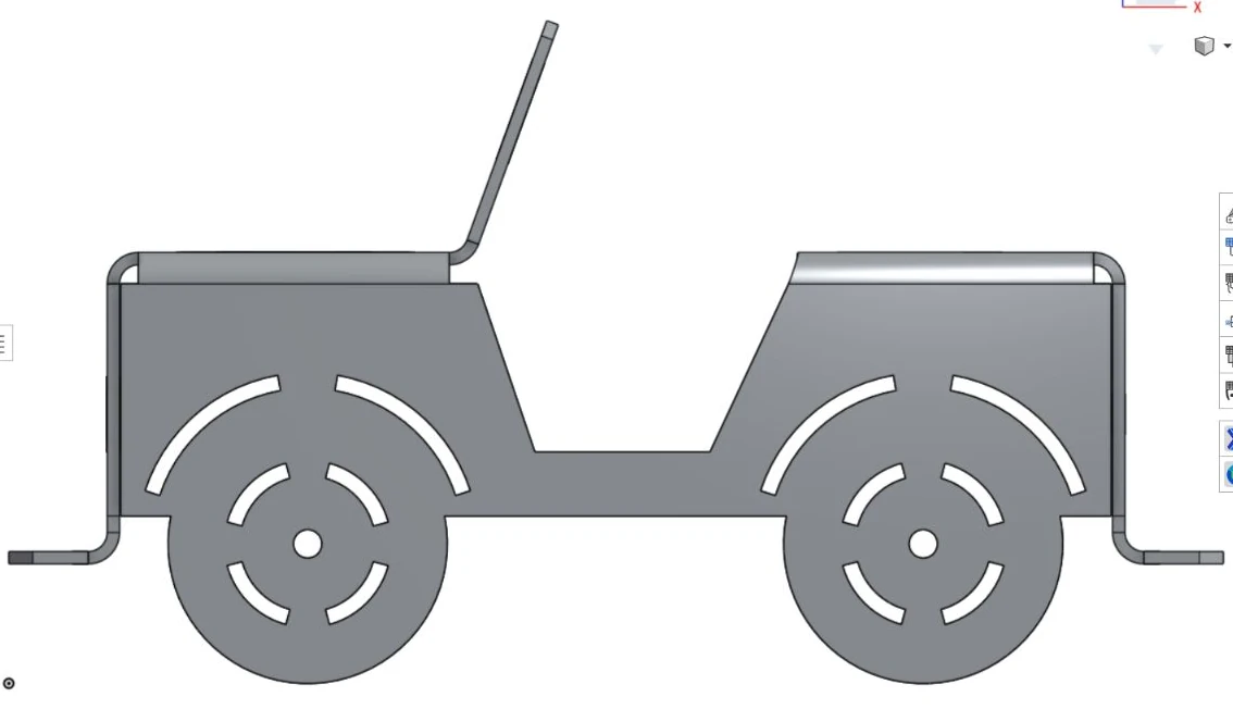 Side elevation of the aluminum Jeep with integral wheel outlines and an inclined windshield