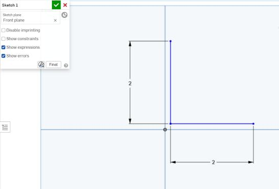 Onshape sketch of an L profile on the Front plane, both legs dimensioned 2 inches