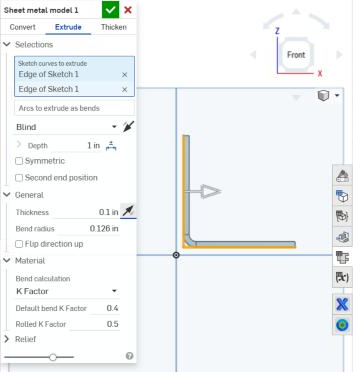 Onshape Sheet metal model dialog on the Extrude tab with thickness 0.1 in, bend radius 0.126 in, bend calculation K Factor and default bend K Factor 0.4