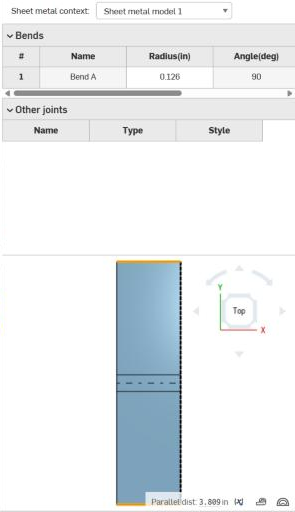 Onshape sheet metal table and flat view: Bend A radius 0.126 in, angle 90 degrees; flat pattern measured at 3.809 in