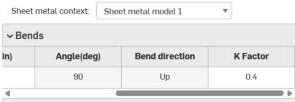 Onshape bend table scrolled right: angle 90 degrees, bend direction Up, K Factor 0.4