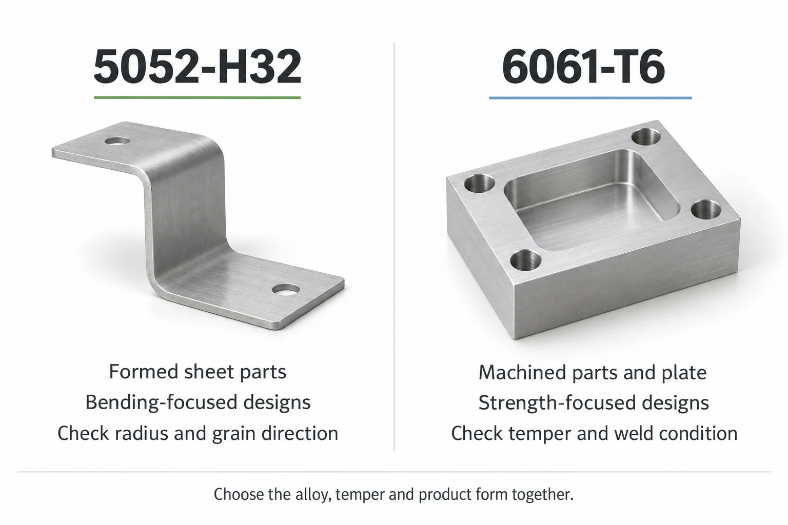 5052-H32 for bending-focused formed sheet parts; 6061-T6 for strength-focused machined parts and plate. Review radius, grain direction, temper and weld condition.