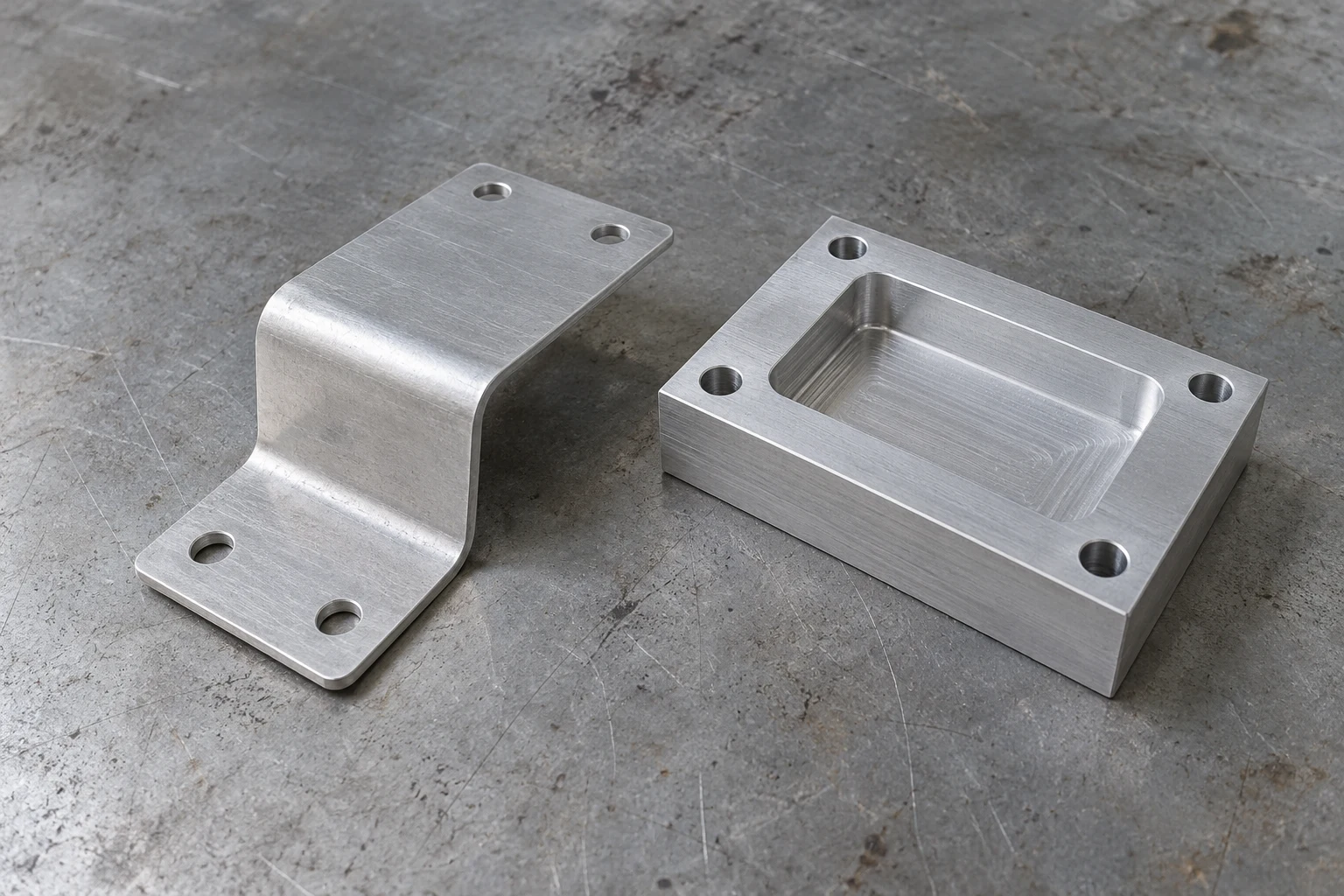 Illustrative bent aluminum sheet bracket beside a pocketed machined aluminum block on an inspection bench