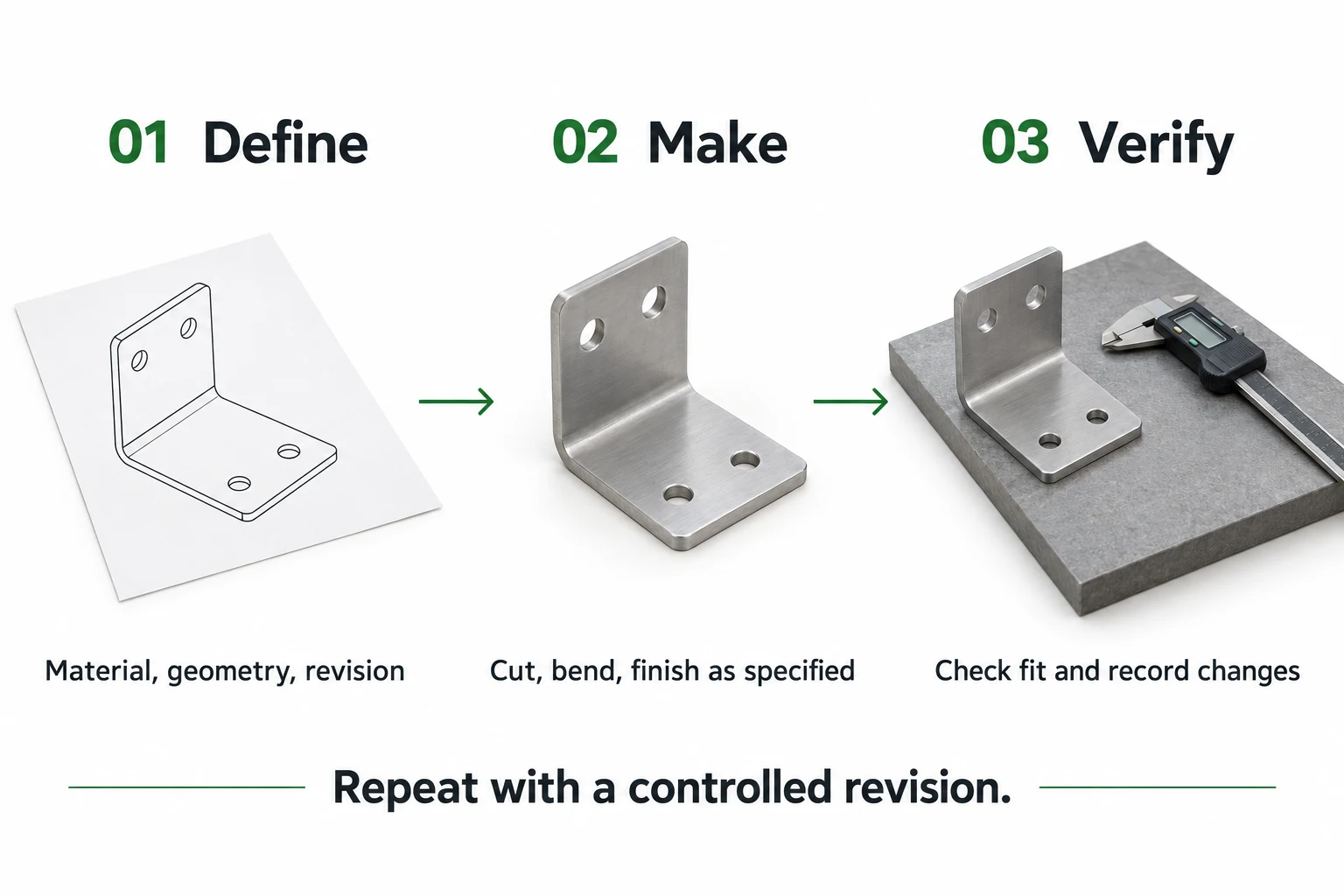 Three-stage prototyping workflow: 01 Define material, geometry and revision; 02 Make the specified cut, bent and finished part; 03 Verify fit and record changes. Repeat with a controlled revision.