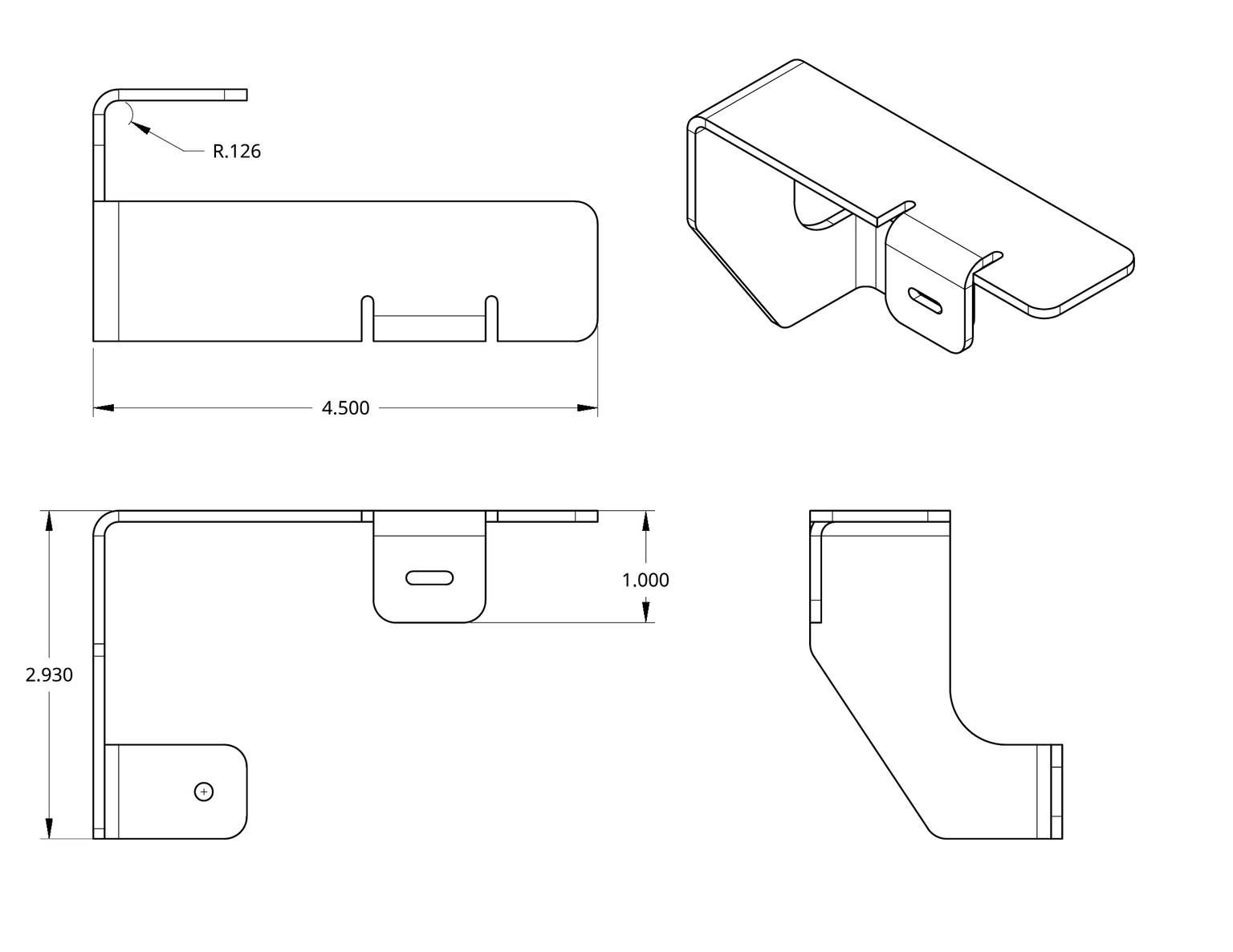 Sheet metal bracket technical drawing with three orthographic views, an isometric view, bend-radius callout and dimensions