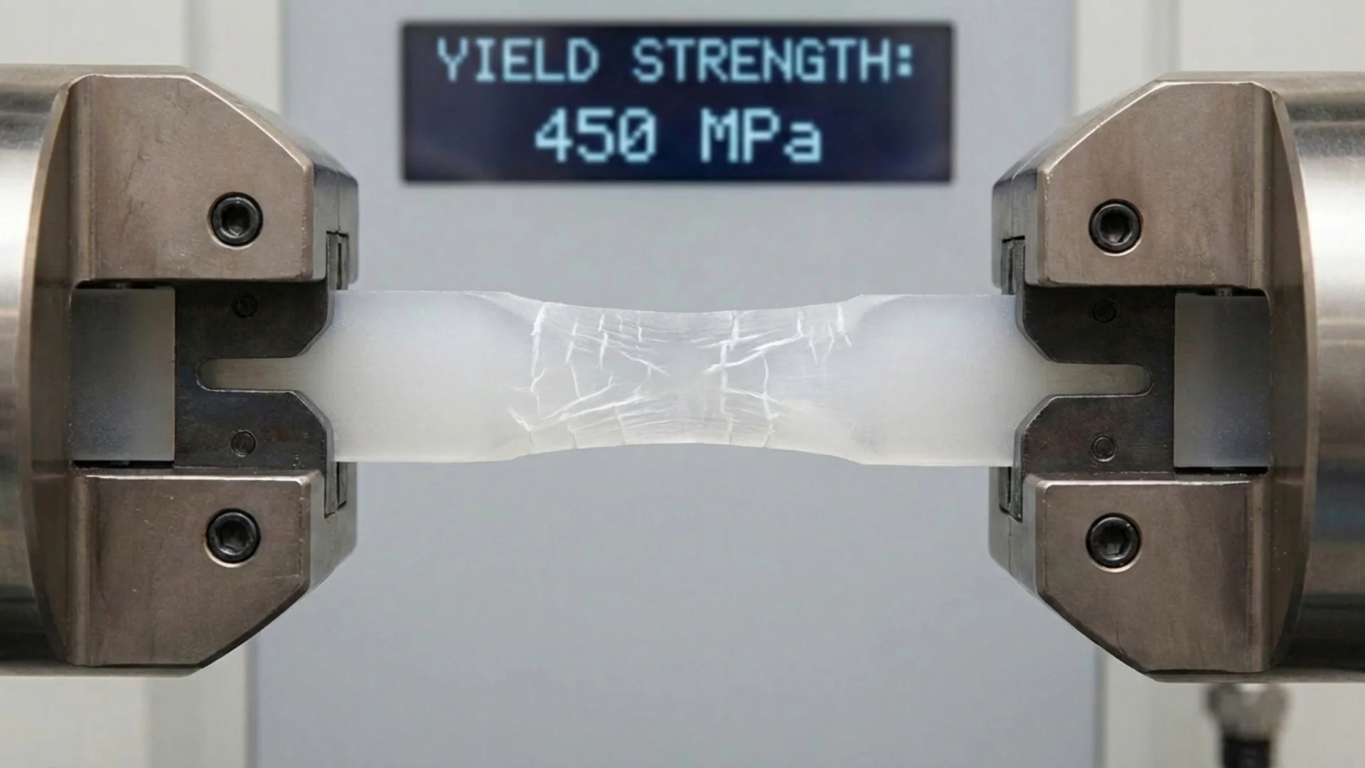 Tensile test specimen necking between the grips of a testing machine, with a yield strength readout behind it