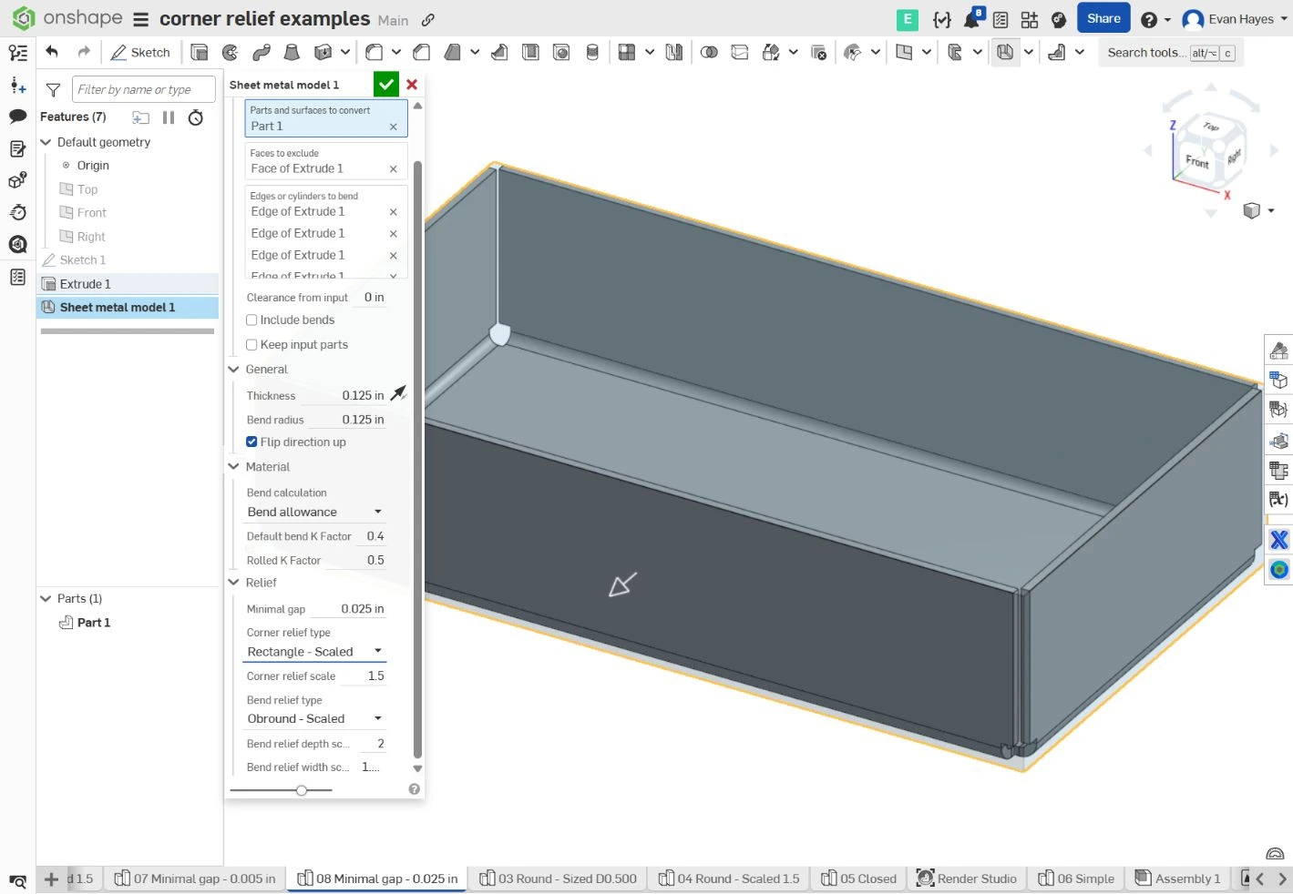 Onshape sheet metal settings with Minimal gap 0.025 inch