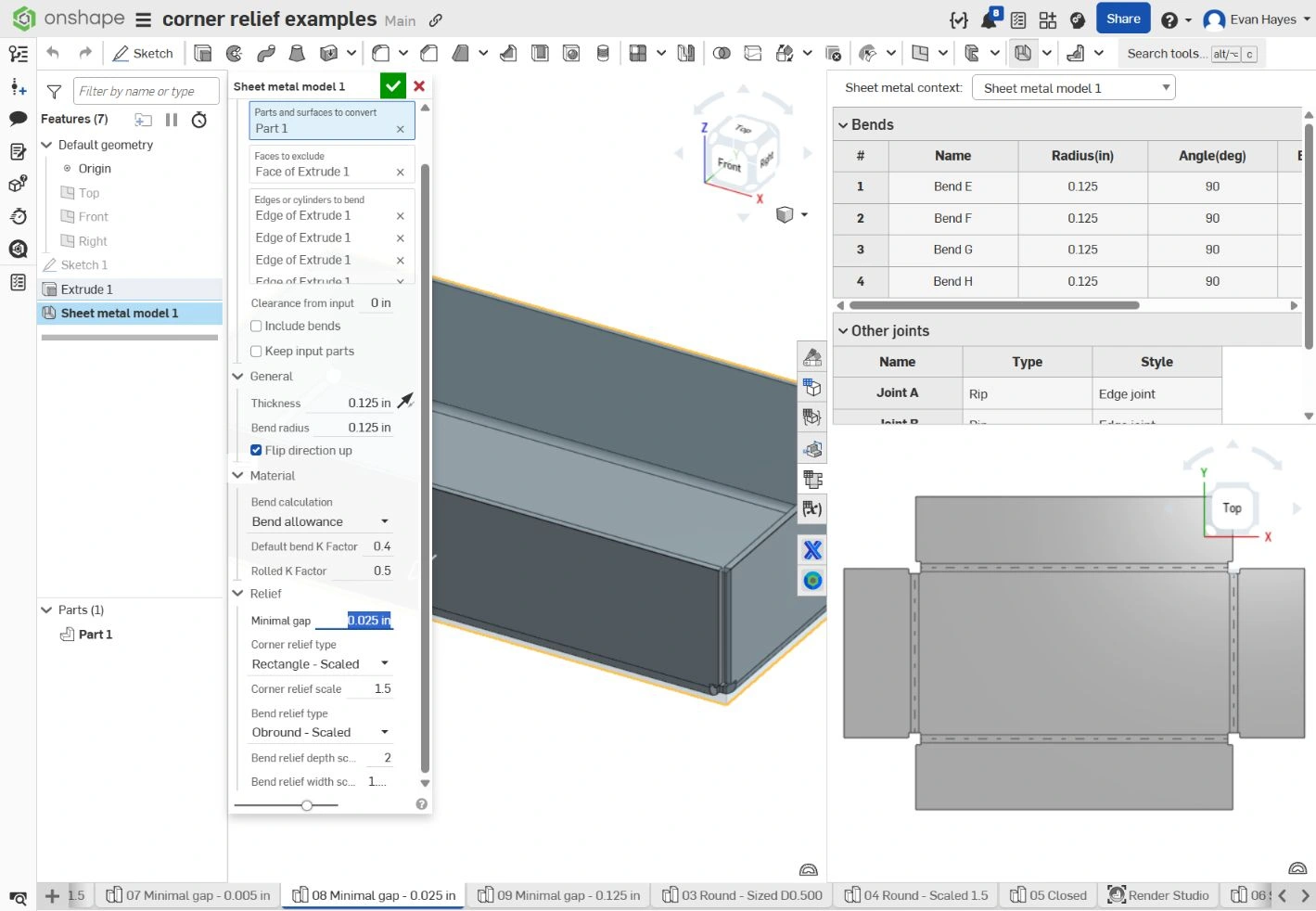 Onshape with Sheet metal model 1 selected in the feature list and the 0.025 in Minimal gap input selected under Relief
