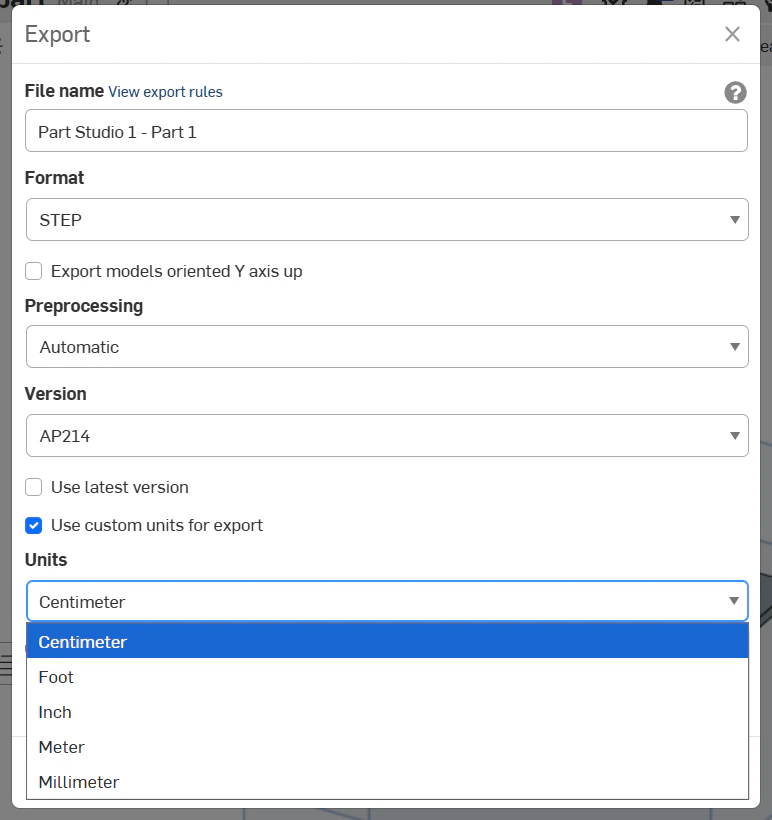 The Units dropdown expanded showing Centimeter, Foot, Inch, Meter and Millimeter options