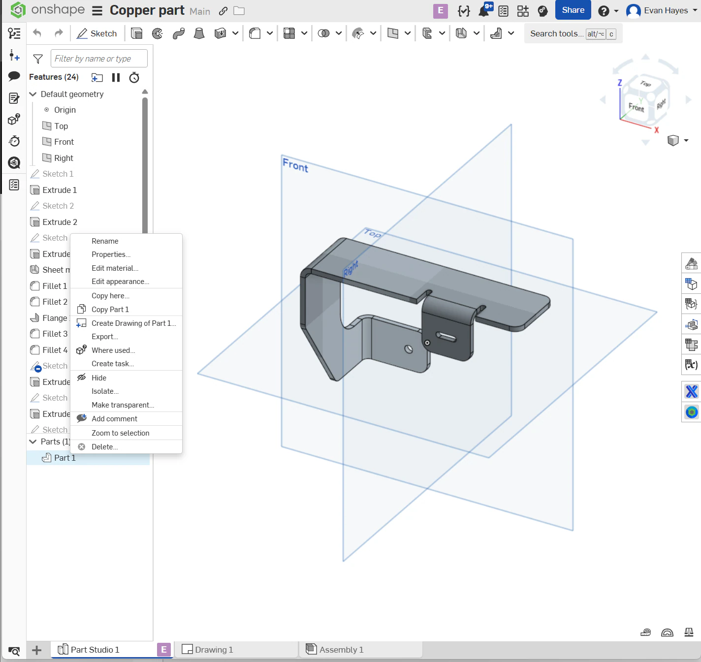 Onshape Parts list with a part right-clicked, showing the context menu including the Export option
