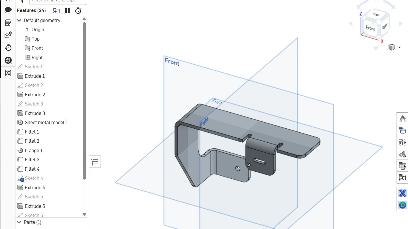 A sheet metal part open in an Onshape Part Studio, ready to export as STEP