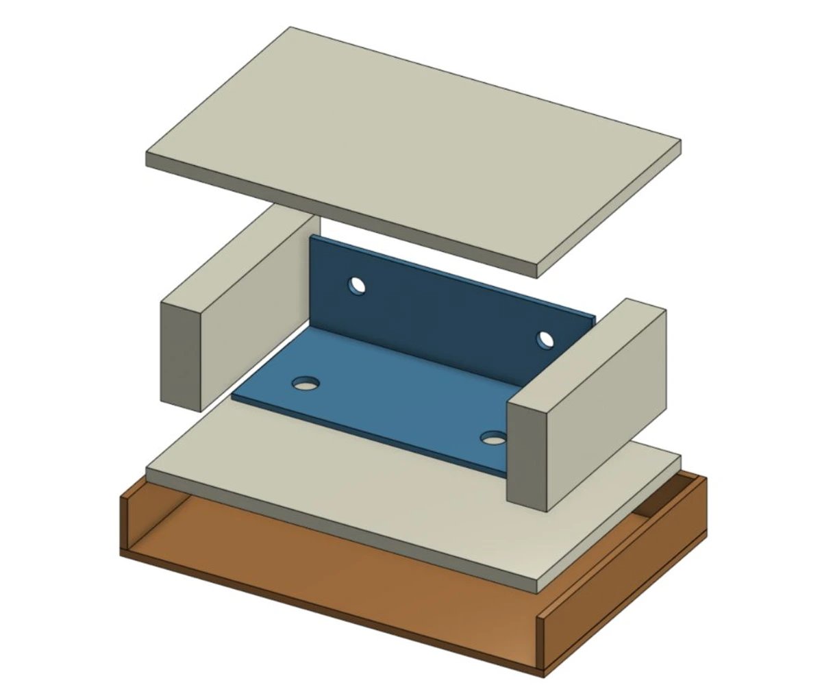 Exploded packaging illustration showing a blue bracket, pale separators and end supports, and a brown carton tray.