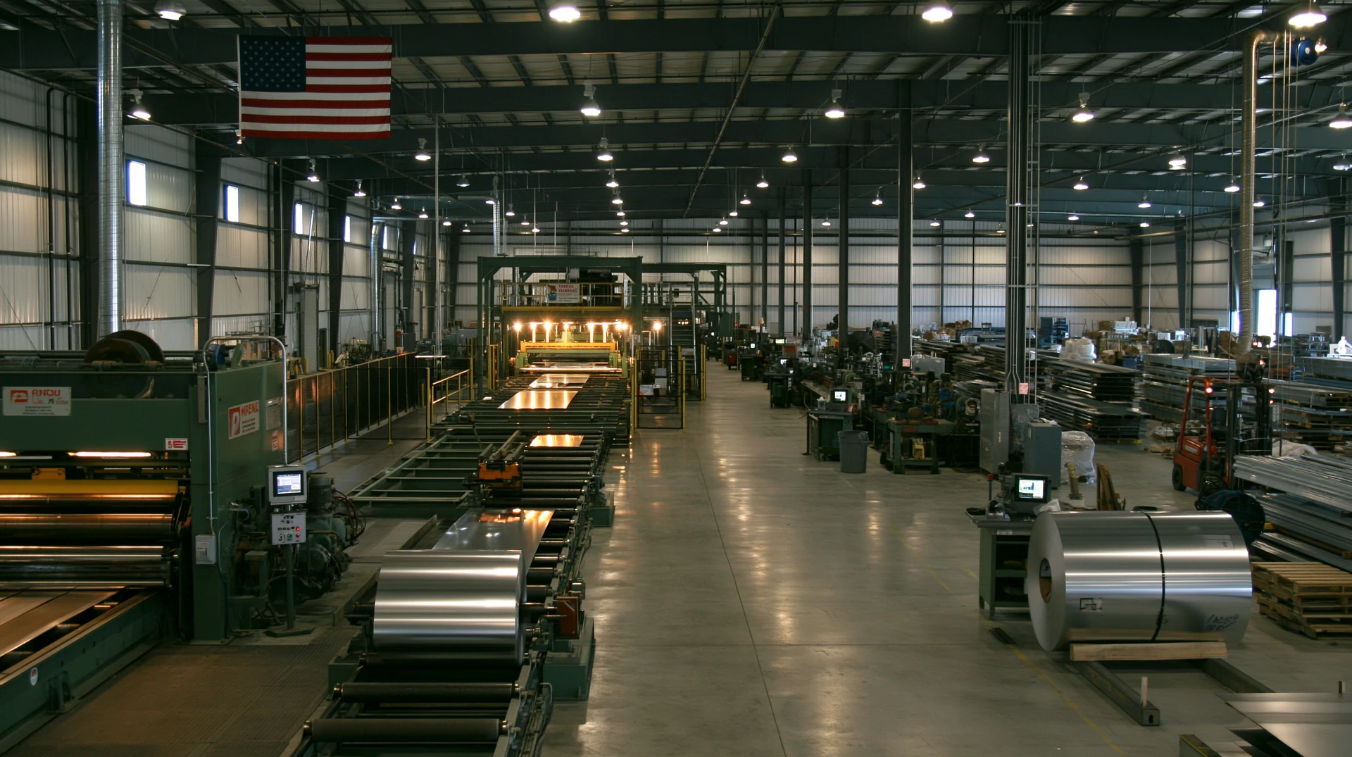 Factory-floor illustration showing metal coils, sheet-processing equipment and stacked flat stock