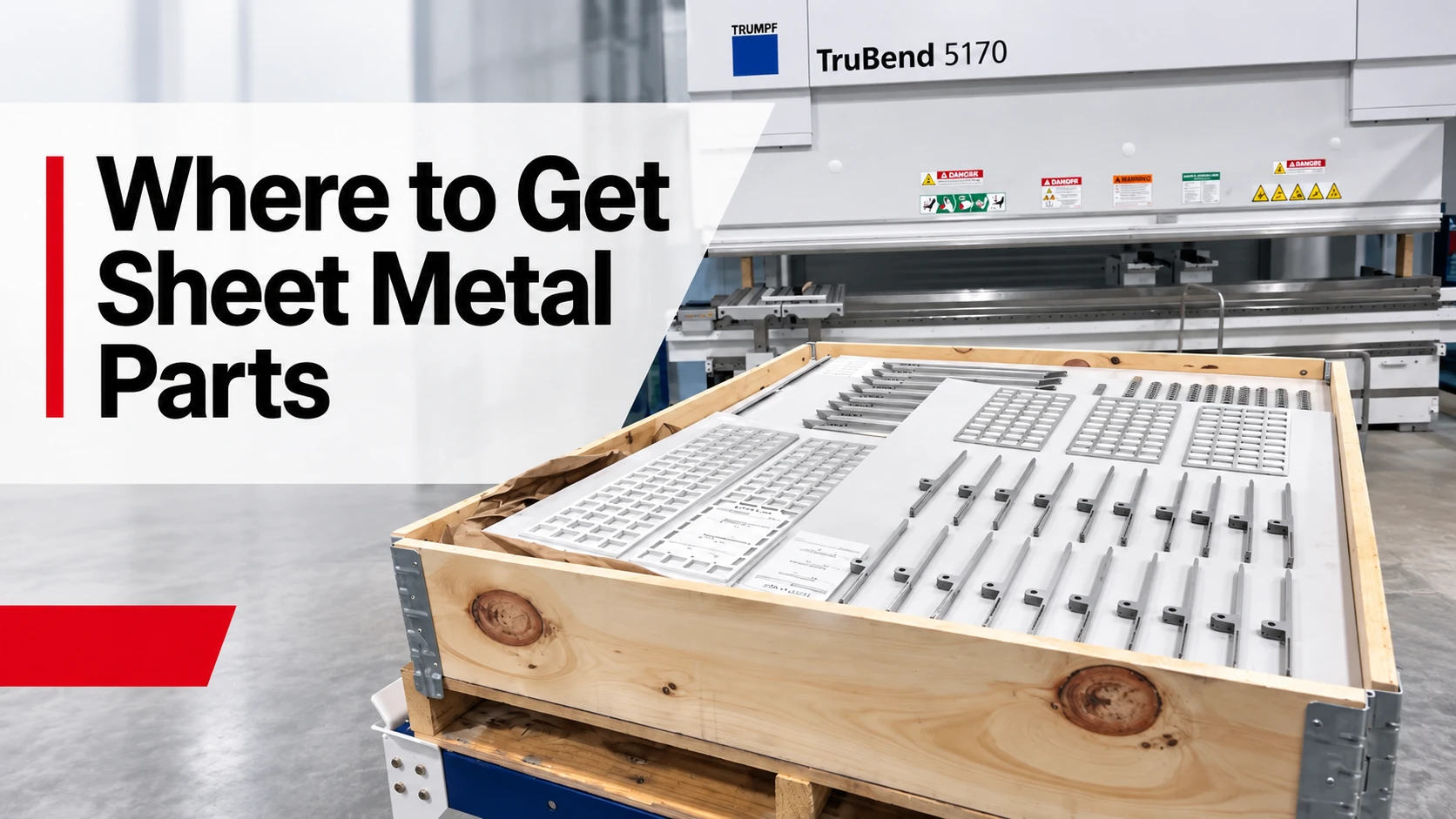 Cover illustration showing a press brake and a crate of sheet metal components beneath the title Where to Get Sheet Metal Parts