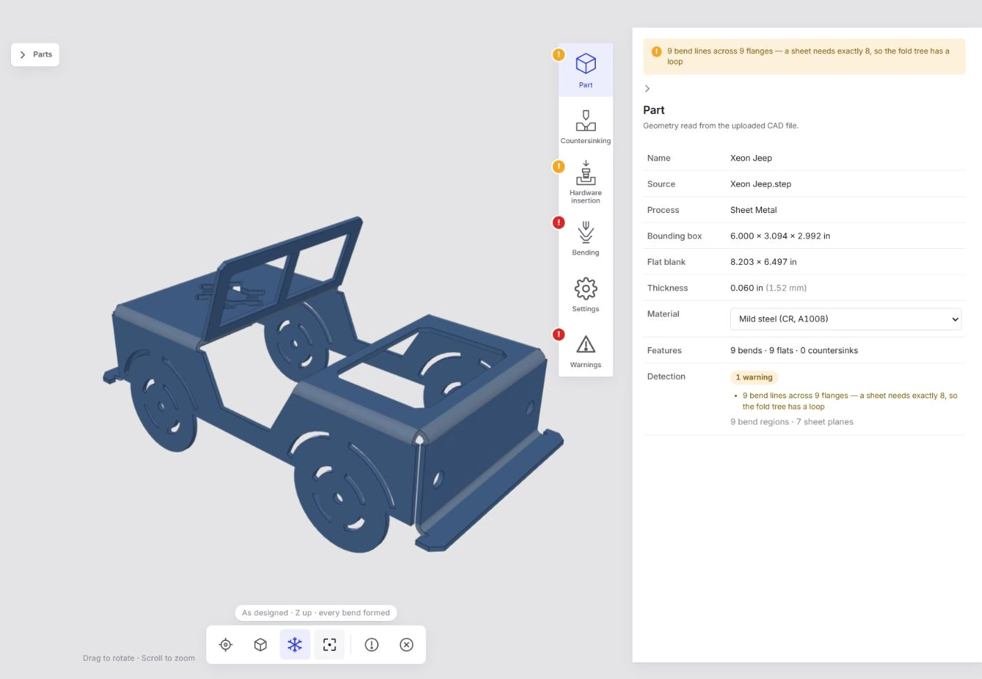 Xeon Jeep in SheetForm with the Part panel showing thickness, material, dimensions, and a detection warning