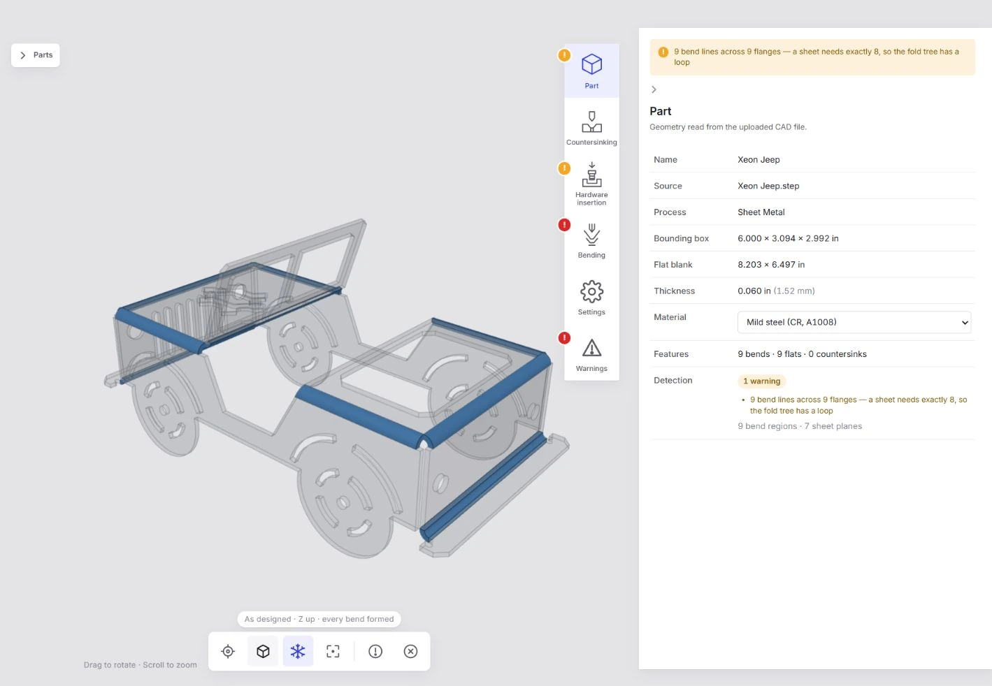 Ghosted Jeep sheet surfaces with recognized bend regions highlighted in blue