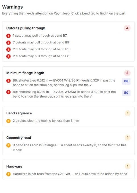 SheetForm warning panel listing cutout, minimum flange, sequence, geometry-read, and hardware items