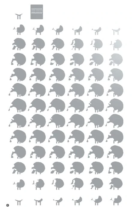 All 73 skull plate profiles and the base laid flat in Onshape's six-column grid